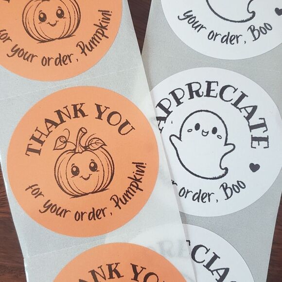 3/$15 HALLOWEEN THANK YOU STICKERS Set of 50 LARGE 2 IN ROUND ORANGE PUMPKIN - Picture 1 of 5